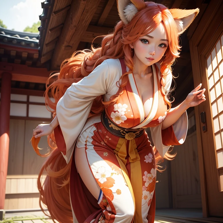 24 years old,1 girl,fox ears,hair light, big breastes,red kimono