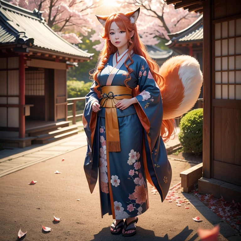 (best quality,4k,8k,highres,masterpiece:1.2),ultra-detailed,(realistic,photorealistic,photo-realistic:1.37),HDR,UHD,studio lighting,ultra-fine painting,sharp focus,physically-based rendering,extreme detail description,professional,vivid colors,bokeh,A girl with a fluffy fox tail, fox ears, blue eyes, orange long wavy hair, full body, traditional Japanese clothes, traditional Japanese home, Sakura petals falling, sunshine.
