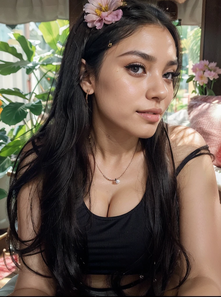 Highly detailed CG Unity 8k wallpaper, highest quality, masterpiece, (Realistic, photorealistic:1.4), ultra high res, (A beautiful_girls, 1_Indonesian_girls face, huge_breasts, black_hair, verry leavage, Polem, large_breasts, long_hair, blue_eyes, navel, 1girl, solo, black_hair, flower, long_hair, realistic, hair_flower, hair_ornament, cleavage, upper_body, breasts, lips, tank_top, giant_breasts, long_hair, low_cleavage, earrings, black_eyes, 2 Indonesian_girl_face, huge breasts, black_hair, solo, vblack_hair, long_hair, realistic, road, black_hair, tree, long_hair, looking_at_viewer, street, outdoors, solo, realistic, crosswalk, long_sleeves, day, smile, necklace, bracelet, long_hair, brown_hair, black_nails, nail_polishoop,torn_pants, realistic, short_sleeves, lips, upper_body, breasts, verry_low_cleavage, off_shoulder, bare_shoulders, large_breasts, long_hair, sweat, smile, sitting, collarbone, indoors, closed_mouth, bangs, plant, covered_navel, lips, bare_shoulders, parted_lips, vertical stripes), topless, dark nipples, dark aerolas, wet skin, silky body, silky skin, Inside a room , medium shot, Perfect feminine figure, Fascinating milf, Amazing beautiful face, bewitching Goddess, parted lips, glossy sweaty skin, cinematic composition, professional moody lighting and shading, (extremely detailed eyes and face, eyes with beautiful details, insanely detailed beautiful realistic skin texture), (correct body balance, accurate hands, accurate eyes)