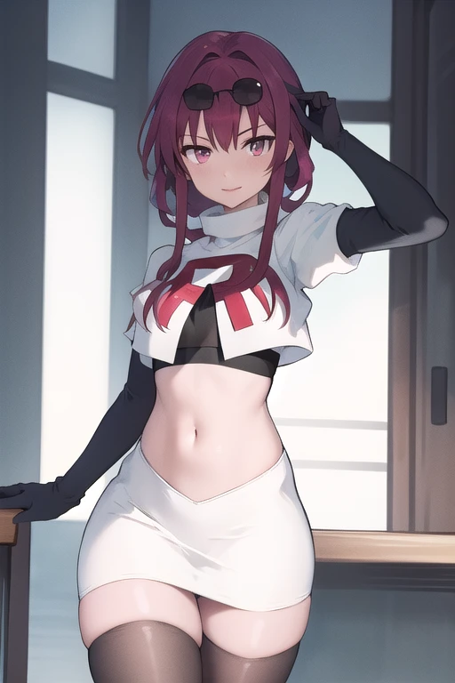 masterpiece, absurdres, Shikanoin Heizou, green eyes,male focus, trap, crossdressing,1boy,team rocket,team rocket uniform,white skirt,red letter R,crop top,black thigh-highs,black elbow gloves, embarrassed, blush