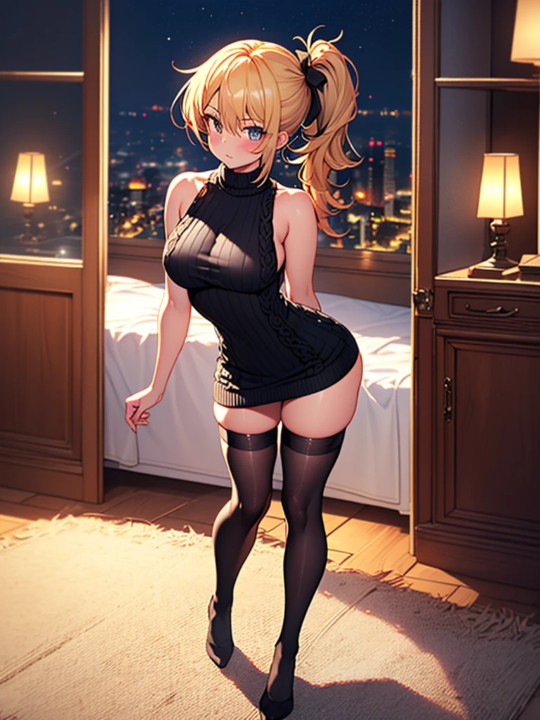 (highest quality, High resolution, perfect pixel, Depth of bounds written, 4K), bed, (full body), detailed eyes, (1 girl), perfect body, large breasts, blond hair, (side ponytail:1.2), (wine-red virgin killer sweater dress), (sleeveless), bare back, (black knee-length black stockings:1.3), (standing), blush,