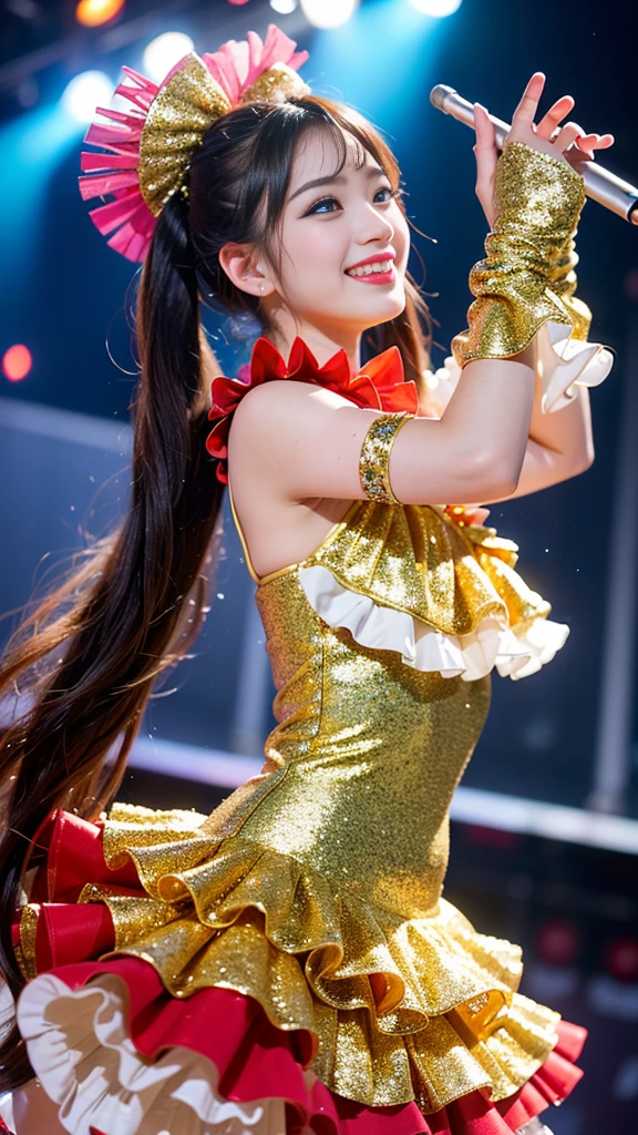 realistic pictures、18 years old、(8K、Live shooting、photorealistic、Ultra wide angle of view:1.5)、1 girl、(woman with beautiful perfect face、Expressing the joy of dancing with color、wonderful smile)、Looking at the camera、long eyelashes、(Red Lip Gloss、detailed eyes、long hair、Twin tails in high position、hold a microphone:1.5)、shiny bare skin、Hair shines when the light hits it、highest quality、ultra high resolution、(Colorful idol costumes、Glittering costumes、Costume with frills:1.5)、Live stage surrounded by a large audience、Bask in the lights on the stage、Take a full body photo、Reduce depth of field、