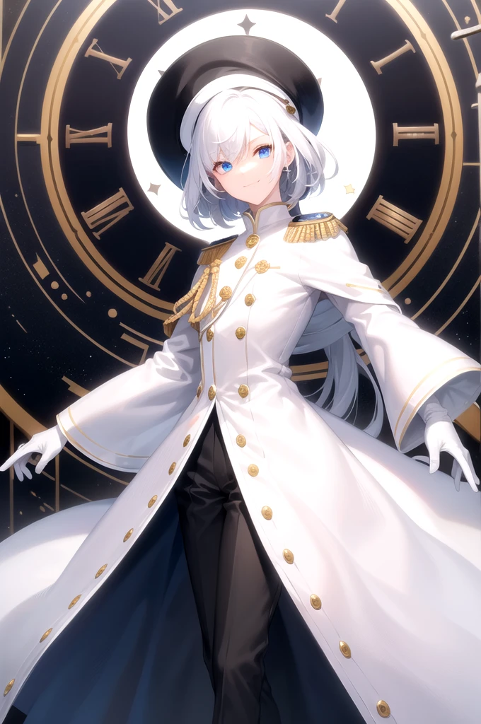 (masterpiece, best quality, high quality), 1boy, red eyes, heterochromia, blue eyes, hair over one eye, middle school student, spirit form, solo, glowing eyes, holding sword, rapier, middle school student, white hair, (hairstyle: straight), middle hair, white uniform, epaulettes, ruffles, white gloves, navy hat, white hat, long sleeves, sly smile, smirking, sadistic face, white trousers, upper body, standing in front of a clock, huge clock face, luminous white astronomical clock, luminous astronomical clock, clock hands, looking at viewer, dark theme