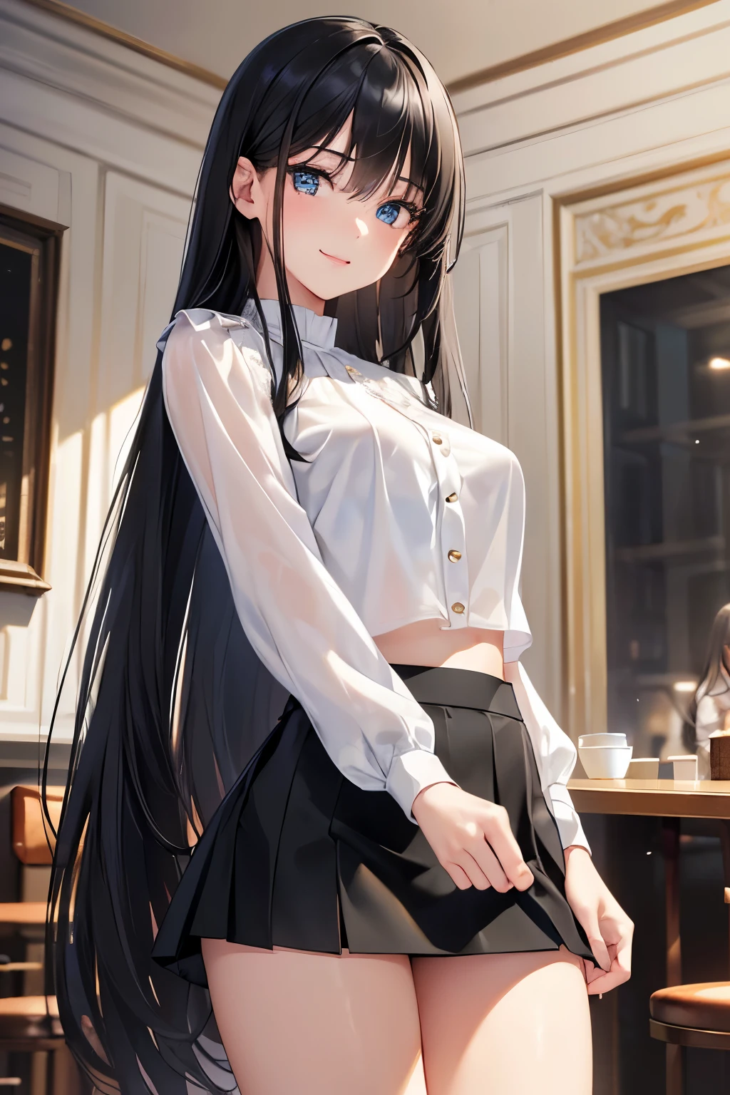 ((, masterpiece, best quality)), ((super high resolution)), (photo realistic), best shadow, (sharp sketch, illustration:1.2), high detail, very detailed, (nice hands, perfect hands), (POV, face focus:1.4), ((1girl)), beautiful girl, 18 years old, blue eyes, (black straight long hair:1.5), (normal breasts:1.1), glossy skin, ((view from front:1.5)), (very slender:1.3), (beautiful adolt face:1.3), famous idol, thin lips, detailed facial features, facial and skin texture, Crisp focus, perfect beautiful body and face, beautiful face, perfectly in focus, long bangs, (in the cafe:1.3), all body, (smile:1.1), ((standing:1.5)), (white blouse and black mini skirt:1.5), hair between eyes,