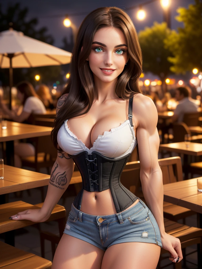 (muscular, thick thighs, shredded legs, wide hips:1.5), huge perky ass, very pale fair white skin, long flowing hair, big green eyes, (most beautiful brunette woman on earth, detailed face and eyes:1.5), looking at viewer, masterpiece, best quality, shallow depth of field, 8K HDR, huge breasts, 85mm photo, shallow depth of field, tack sharp, solo, 1girl, (face extremely close to camera, from front, cleavage, downblouse:1.5), centred in frame, facing camera, plump full lips, exaggerated hourglass physique, zero body fat, muscle definition, striations, broad shoulders, deltoids, tiny waist, long lean torso, shredded eight pack abs, obliques, real hands, (extremely seductive waitress, flirtatious smile, outdoor restaurant patio, corset crop top, tiny jean shorts, black tattoos on arms and legs, professional makeup, night scene, dark sky:1.2), SlightMuscle