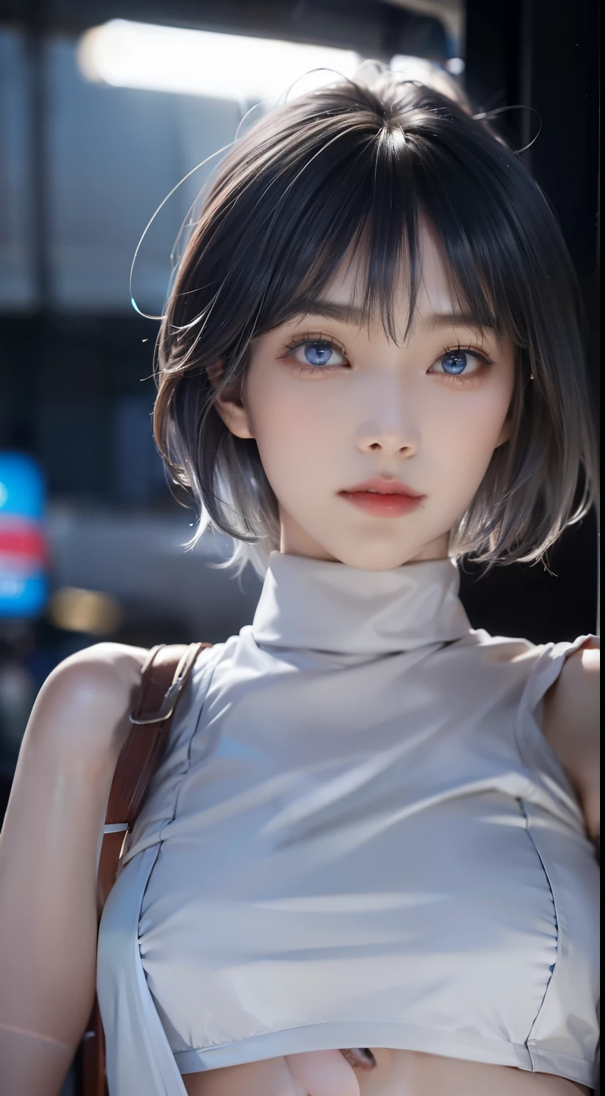 Tabletop, highest quality, night, Outdoor, 1 female, 灰色のblue eyes, Fluorescent light pink lips, cold, Severe, Sky blue, small胸,  Fascinating face、 Realistic beauty、(blue eyes: 0.8), Beautiful adult face, Soft Volume Light, (Backlight: 1.3), (Cinematic: 1.3), Intricate details, (station: 1.3), ((Light and dark blue-gray hair:1.5、Pixie short hair:1.5、amount))、薄くthin伊達メガネ、short、small、 thin, cumin ,Very Short Straight Hair, Glasses , Turtleneck shirt、skin、Stiletto Sandals、Beautiful feet、garter belt、((Big Breasts、smallお尻))、(fullshot: 1.5), (Light Intensity:-0.8)、Sparkling eyes、Full body diagram