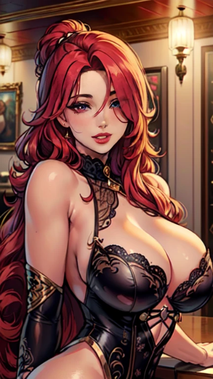 Masterpiece, raw, beautiful art, professional artist, 8k, art style by sciamano240, very detailed face, very detailed hair, 1girl, perfectly drawn body, beautiful face, very long hair, red hair, straight hair, very detailed red eyes, pouty lips , rosey cheeks, intricate details in eyes, playful smile, looking directly at viewer , happy expression, lipstick, modern restaurant setting, female actress, luxurious dress, large breasts, ((hair over one eye)), ,