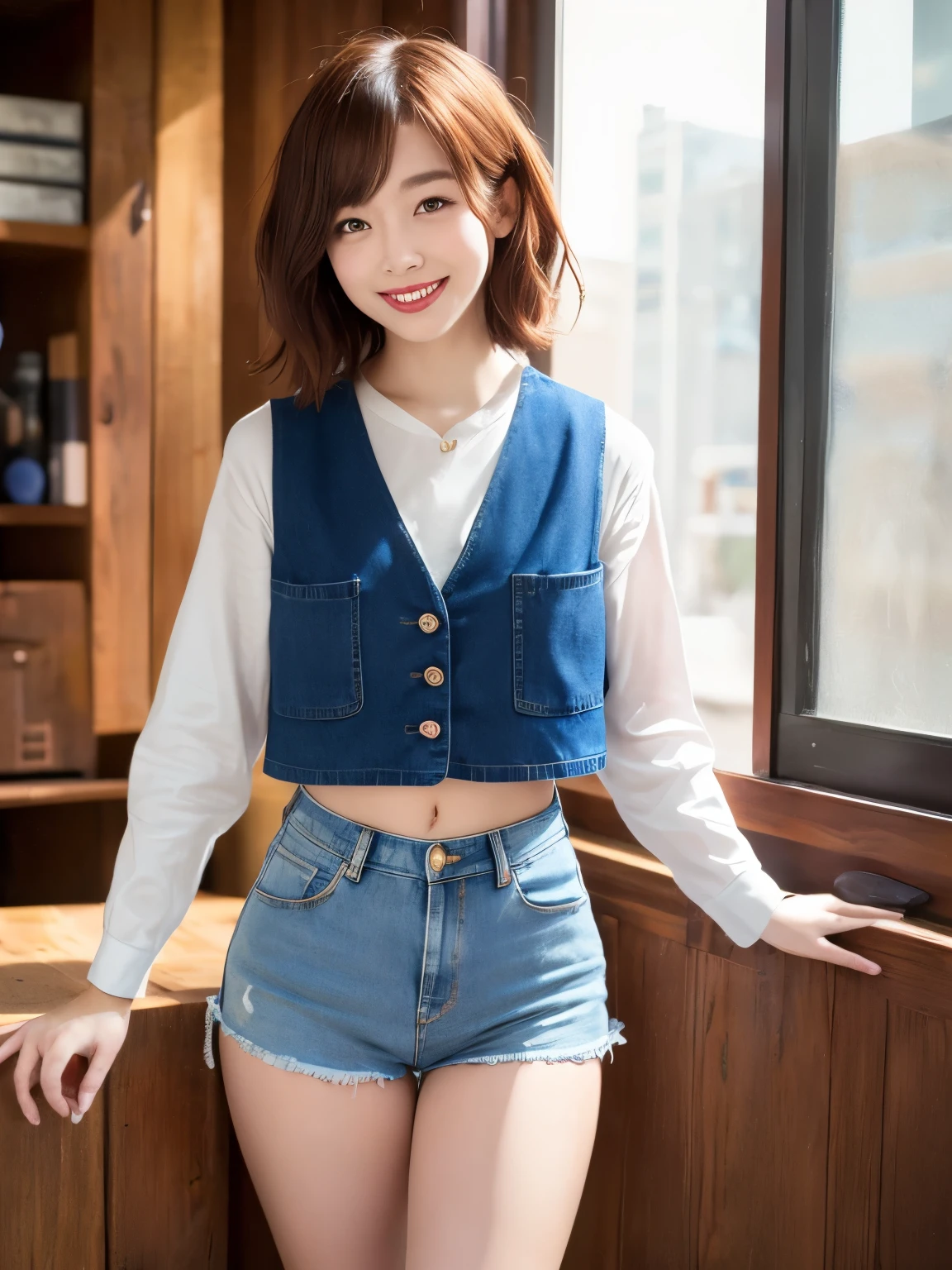 (sfw:1.5)、1 female、masterpiece, RAW Photos, highest quality, reality、Depth of written boundary, Lens flare,  （Low cut and tight )、（ultra short distance，Denim hot pants）），((Telegraph slang)),((Long legs)), （Thigh Gap：1.5），Small waist、（Wide Hips），（Big Ass），pretty girl, Idol,(Big smile:1.3),Small waist、（Big Ass:1.6），（White crop top：1.5）、Brightly colored vest， short hair, Redhead， reality的， photo shoot，（Exquisite detail）， Very detailed， High resolution， original，  highest quality， Detailed face， (Very beautiful face, Beautiful Lips, Beautiful Eyes), A face with intricate details, （Plump red lips），（Thigh Gap：1.5），Small waist、（Wide Hips） 、short hair, Redhead，Open chest, Turn around, (((Buckshot)))