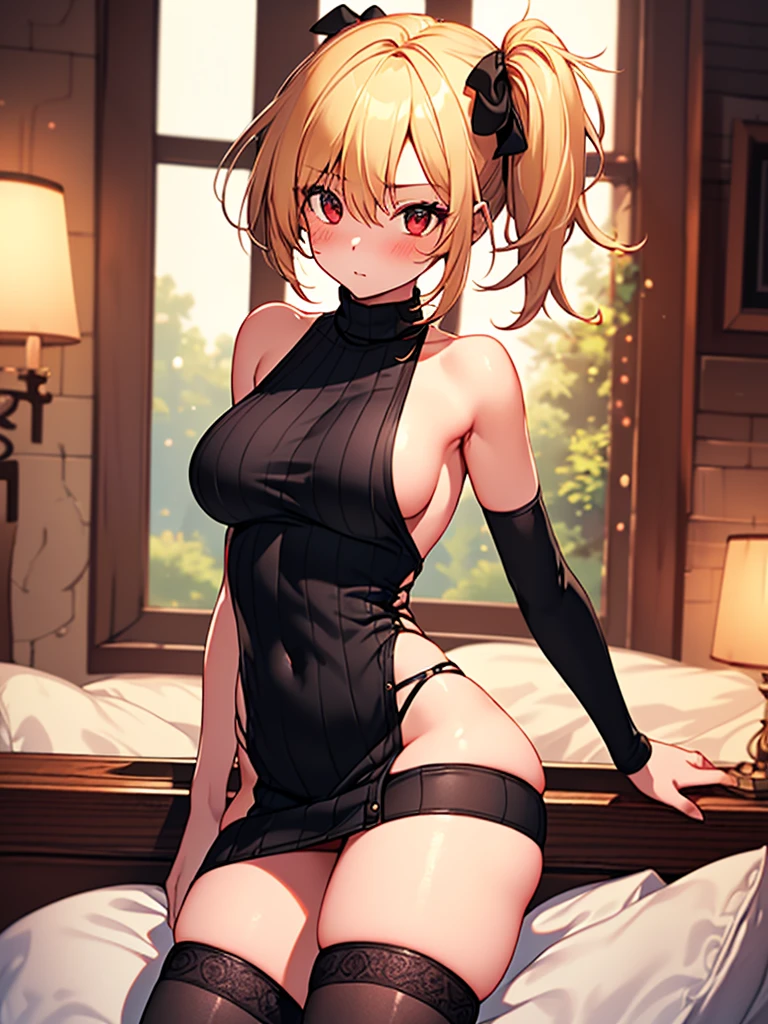 (highest quality, High resolution, perfect pixel, Depth of bounds written, 4K), bed, (full body), detailed eyes, (1 girl), perfect body, large breasts, blond hair, (side ponytail:1.2), (red virgin killer sweater dress), (sleeveless), bare back, (black knee-length black stockings:1.3), (standing), blush,