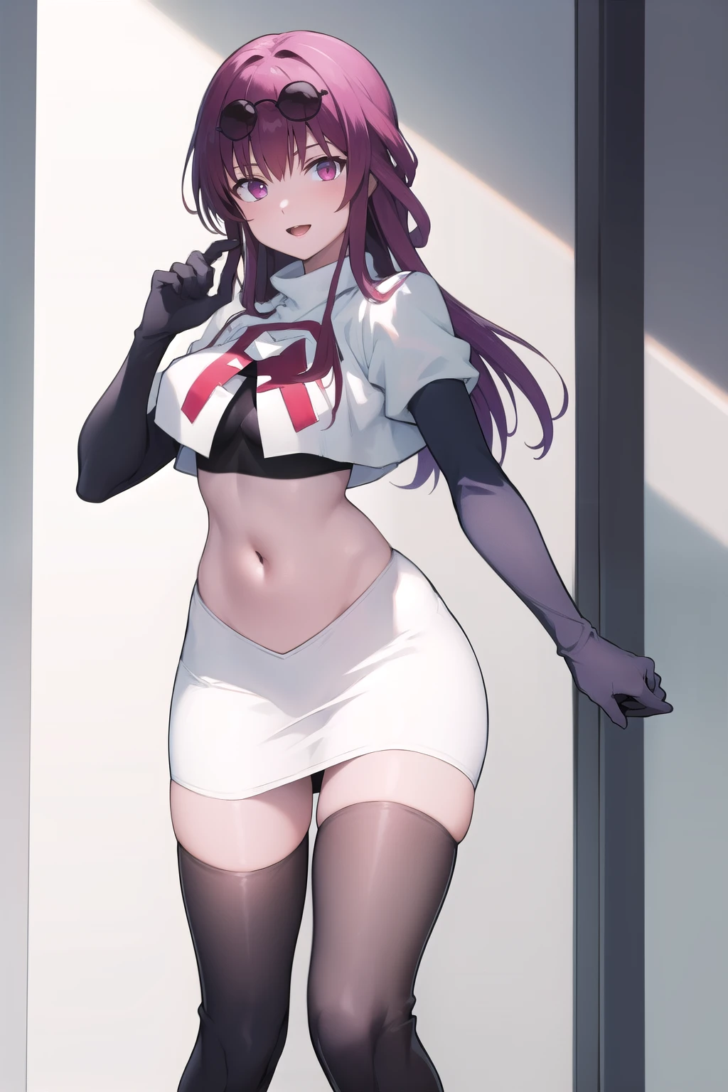 masterpiece, best quality, highres, aakafka, sunglasses, eyewear on head, team rocket,team rocket uniform,white skirt,red letter R,crop top,black thigh-highs,black elbow gloves