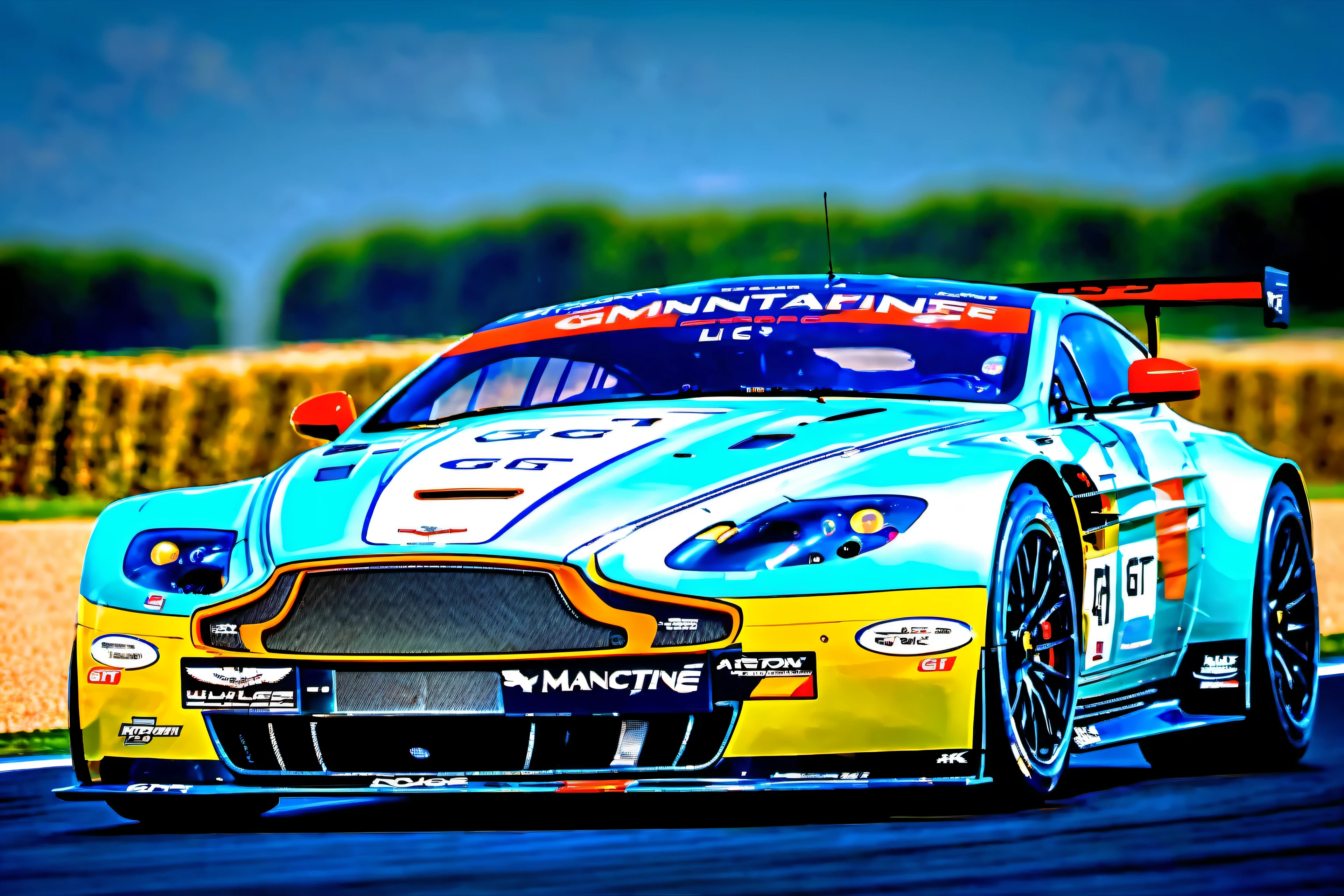 masterpiece, best quality, aston martin, V8 Vantage GT2, 2008, le mans race track, in motion, UHD, HDR, 4k, ray tracing