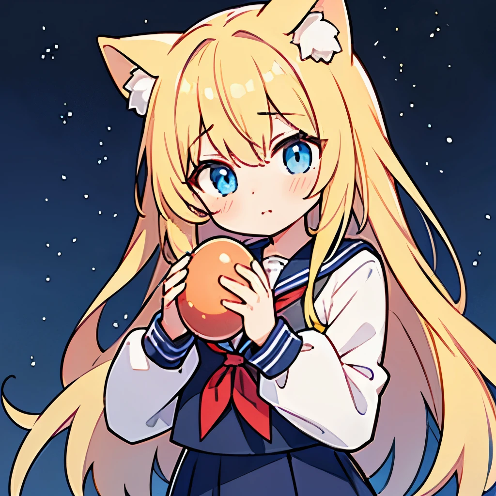rainbow in the starry sky, (A girl holds a large golden egg with both hands),universe background,sailor uniform, blue eyes, clearly outlined, Cat ear