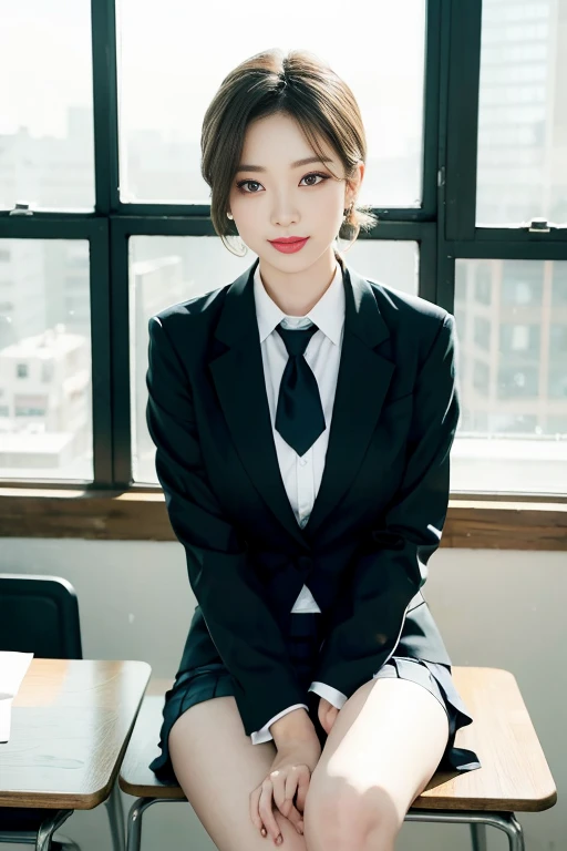 8k RAW photo, High resolution, A cool 21 year old Korean, Big round breasts, , tie, tie ribbon, blazer, skirt, Beautiful eyes in every detail, Long eyelashes, Beautiful double eyelids, eye shadow, Long, narrow eyes, Three white eyes, Heavy eye makeup, Wicked Smile, Beautiful slim legs, Short hair tied back, Earrings, School classroom