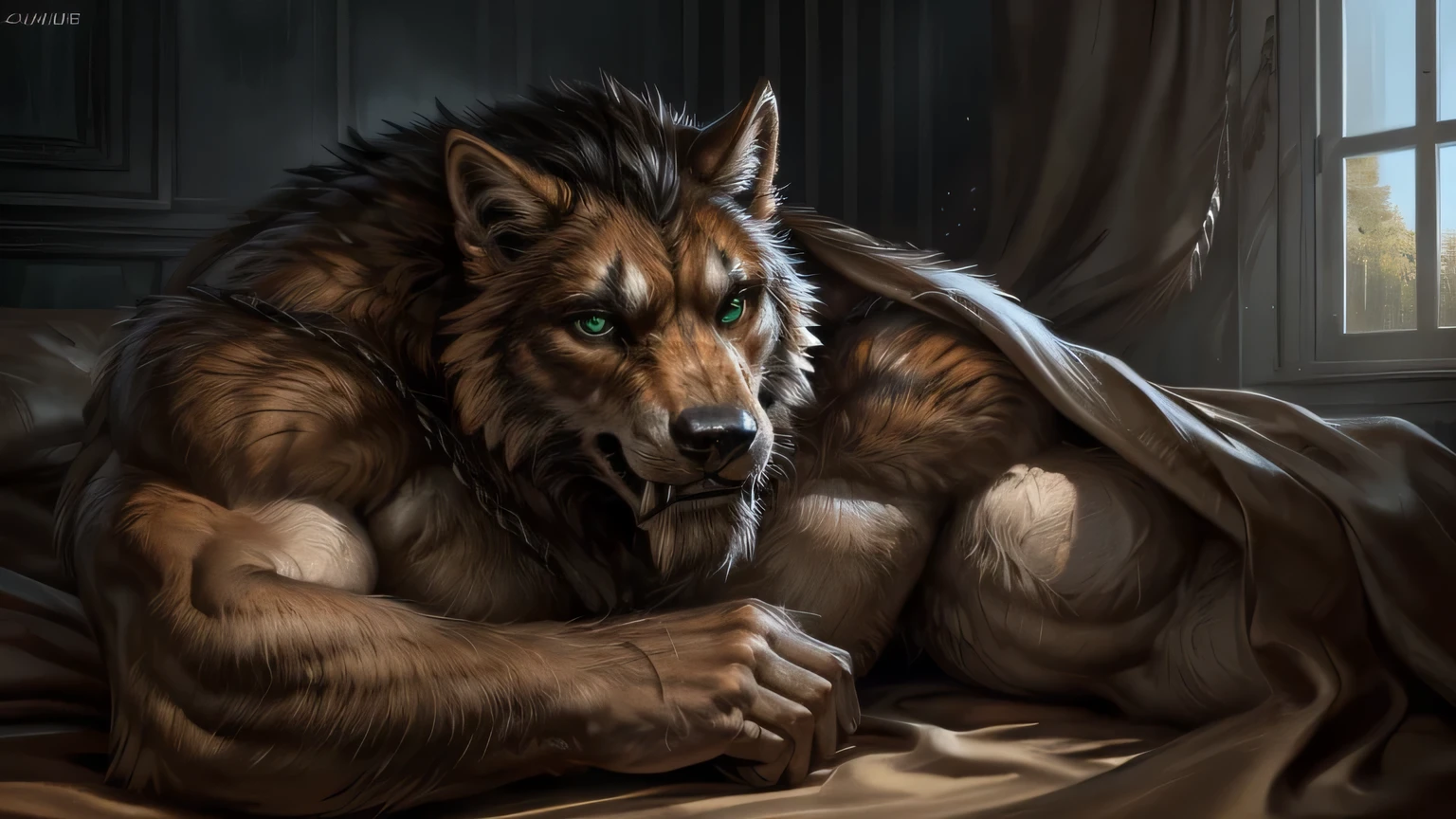 4k, high resolution, best quality, perfect colors, perfect shadows, posted on e621, portrait shot, furry body, solo, anthro orange werewolf,  (Male human werewolf):1.3, Orange fur, white chest fur, black beard, black hair (solo, anthro werewolf, male, adult, (heavily muscular, manly, brutal, masculine:1.4), masculine), (Common:1.4), male, (middle-aged, mature:1.2), (large canine fangs), (black beard:1.45), (masculine:1.4), full torso, correct anatomy, claws in hands, (photorealistic fur, detailed fur, epic, masterpiece:1.2), (by Taran Fiddler, by Chunie, by Rukis, Bonifasko, by Traver009, by Juiceps), detailed green wolf eyes, show bedroom background, window, curtains, furniture, bed, (lying face up on the bed, full body, lying, legs under the blanket:1.4), serious face, strong pose, detailed bulge) Detailed background，realistically，realistic hand，8k high dynamic range，（shadow，wide dynamic range，high dynamic range，emphasize：1.2), (photorealistic fur, detailed fur, epic, masterpiece:1.2), sexy shadows, (detailed eyes:1.2), impressive physique