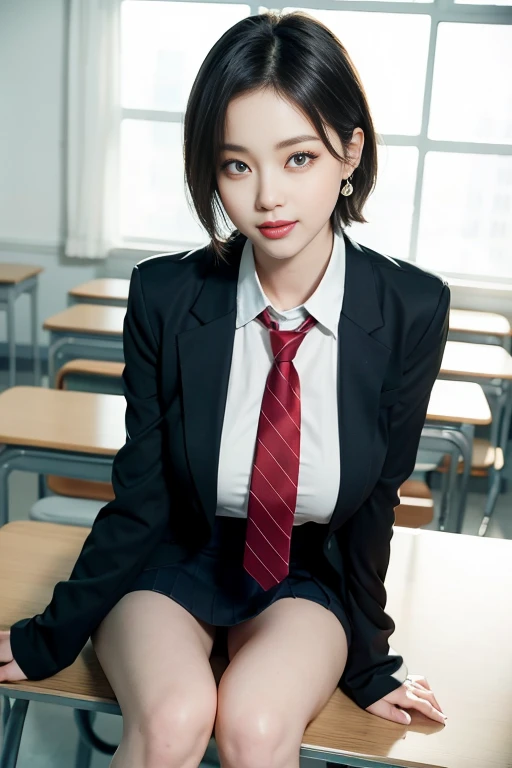 8k RAW photo, High resolution, A cool 21 year old Korean, Big round , , tie, tie ribbon, blazer, skirt, Beautiful eyes in every detail, Long eyelashes, Beautiful double eyelids, eye shadow, Long, narrow eyes, Three white eyes, Heavy eye makeup, Wicked Smile, Beautiful slim legs, Short hair tied back, Earrings, School classroom