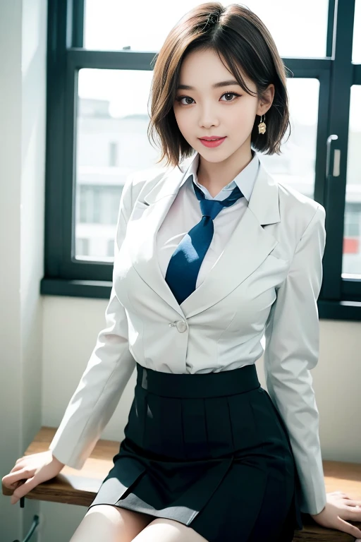 8k RAW photo, High resolution, A cool 21 year old Korean, Big round breasts, , tie, tie ribbon, blazer, skirt, Beautiful eyes in every detail, Long eyelashes, Beautiful double eyelids, eye shadow, Long, narrow eyes, Three white eyes, Heavy eye makeup, Wicked Smile, Beautiful slim legs, Short hair tied back, Earrings, School classroom