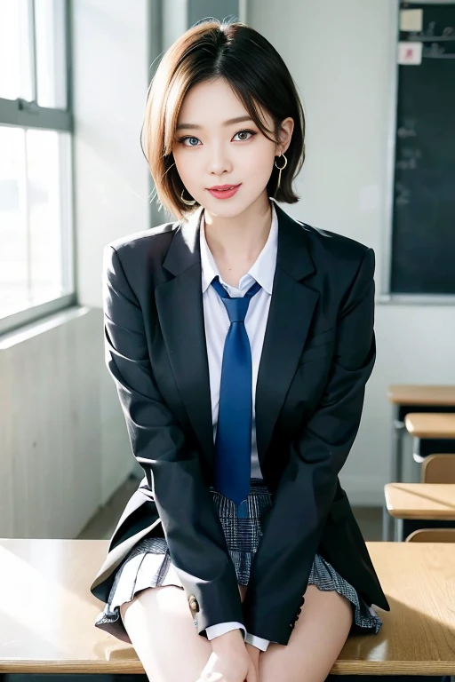 8k RAW photo, High resolution, A cool 21 year old Korean, Big round breasts, , tie, tie ribbon, blazer, skirt, Beautiful eyes in every detail, Long eyelashes, Beautiful double eyelids, eye shadow, Long, narrow eyes, Three white eyes, Heavy eye makeup, Wicked Smile, Beautiful slim legs, Short hair tied back, Earrings, School classroom