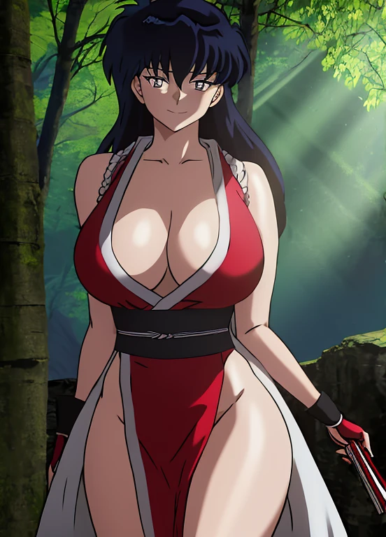 masterpiece, best quality, Kagome Higurashi, 25 years old, large breasts, cleavage, very busty, big hips, She stands tall while wearing a red Kunoichi dress, pelvic curtain, arm guards and gloves. she's looking directly at the camera with an confident smirk. Her gaze is both alluring and fierce, as she holds a red fan with a tight grip. cowboy shot, BREAK Outdoors, the view of the green forest, Japanese archutexture in the surroundings. Perfect Anatomy,(Professional Lighting), 4k textures, raw photo, epic artistic, photoreal art, sharp focus, even lighting, insane details, intricate details, hyperdetailed, rich colors
