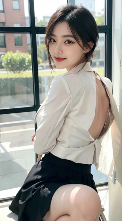 8k RAW photo, High resolution, A cool 21 year old Korean, Big round breasts, , tie, tie ribbon, blazer, skirt, Beautiful eyes in every detail, Long eyelashes, Beautiful double eyelids, eye shadow, Long, narrow eyes, Three white eyes, Heavy eye makeup, Wicked Smile, Beautiful slim legs, short hair tied at the back, Earrings, School staff room
