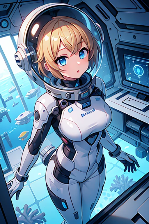 1girl, blonde_hair, solo,(space helmet):6, blue_eyes, looking_at_viewer, futuristic_diving_suit, realistic, breasts, short_hair, lips, medium_breasts, cyborg_enhancements, high_tech_armor, underwater, coral_reef, tropical_fish, sunlight_rays, futuristic_breathing_apparatus