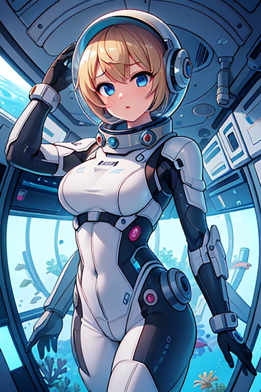 1girl, blonde_hair, solo,(space helmet):6, blue_eyes, looking_at_viewer, futuristic_diving_suit, realistic, breasts, short_hair, lips, medium_breasts, cyborg_enhancements, high_tech_armor, underwater, coral_reef, tropical_fish, sunlight_rays, futuristic_breathing_apparatus