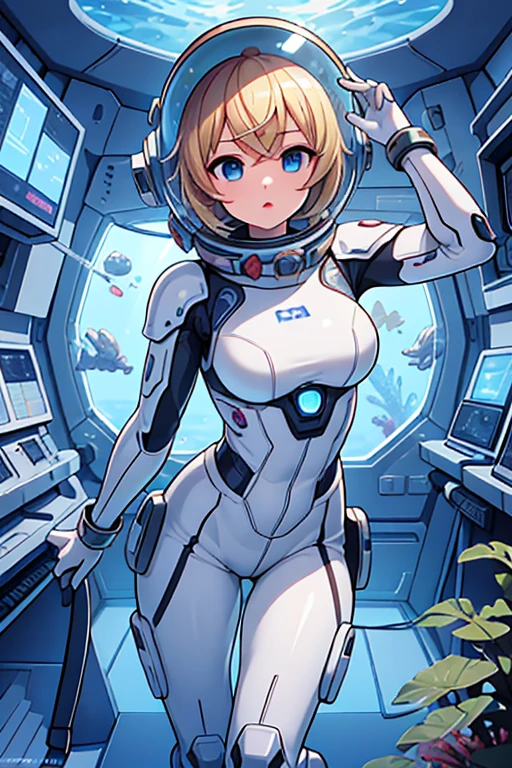 1girl, blonde_hair, solo,(space helmet):6, blue_eyes, looking_at_viewer, futuristic_diving_suit, realistic, breasts, short_hair, lips, medium_breasts, cyborg_enhancements, high_tech_armor, underwater, coral_reef, tropical_fish, sunlight_rays, futuristic_breathing_apparatus