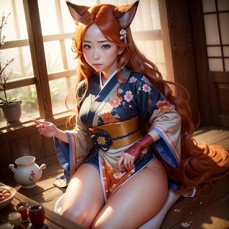 (best quality,4k,8k,highres,masterpiece:1.2),ultra-detailed,(realistic,photorealistic,photo-realistic:1.37),HDR,UHD,studio lighting,ultra-fine painting,sharp focus,physically-based rendering,extreme detail description,professional,vivid colors,bokeh,A girl with a fluffy fox tail, fox ears, blue eyes, orange long wavy hair, full body, traditional Japanese clothes, traditional Japanese home, Sakura petals falling, sunshine.