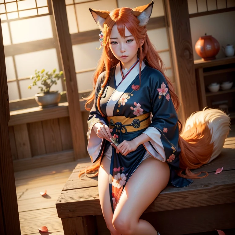 (best quality,4k,8k,highres,masterpiece:1.2),ultra-detailed,(realistic,photorealistic,photo-realistic:1.37),HDR,UHD,studio lighting,ultra-fine painting,sharp focus,physically-based rendering,extreme detail description,professional,vivid colors,bokeh,A girl with a fluffy fox tail, fox ears, blue eyes, orange long wavy hair, full body, traditional Japanese clothes, traditional Japanese home, Sakura petals falling, sunshine.