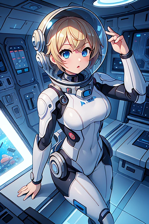 1girl, blonde_hair, solo,(space helmet):6, blue_eyes, looking_at_viewer, futuristic_diving_suit, realistic, breasts, short_hair, lips, medium_breasts, cyborg_enhancements, high_tech_armor, underwater, coral_reef, tropical_fish, sunlight_rays, futuristic_breathing_apparatus