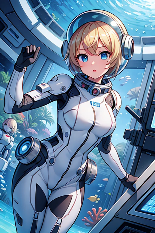 1girl, blonde_hair, solo,(space helmet):6, blue_eyes, looking_at_viewer, futuristic_diving_suit, realistic, breasts, short_hair, lips, medium_breasts, cyborg_enhancements, high_tech_armor, underwater, coral_reef, tropical_fish, sunlight_rays, futuristic_breathing_apparatus