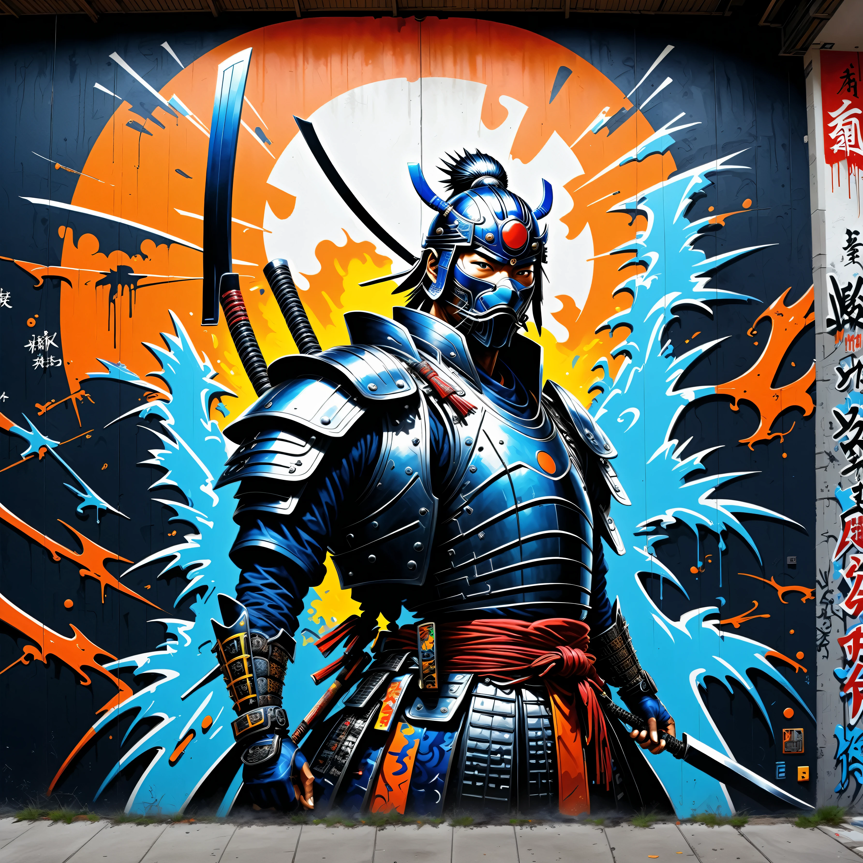 low angle shot view, GRAFFITI OF A SAMURAI, ON THE WALL OF A BUILDING, hip hop style、SPRAY PAINT, (graffiti wall)、beautiful picture, absurd amount of detail, UTRA DETAILED ARMOR, ULTRA DETAILED SWORD, hyper-detailed art、award-winning work, IMPACTFUL VISUAL, outdoor ARTWORK, CINEMATIC LIGHTING, ARTISTIC DETAILS, DYNAMIC SHADOWS ,ATMOSPHERIC EFFECTS, GRAFITI TEXTURES, HIGH-DEFINITION, IMMERSIVE ENVIRONMENT, SUBTLE COLOR GRADING, AUTHENTIC ATMOSPHERE, DETAILED TEXTURES, award winning ARTWORK, MASTERPIECE ARTWORK, trending on artstation, HDR, UHD, 8K, BY BRUNO SMOKY.