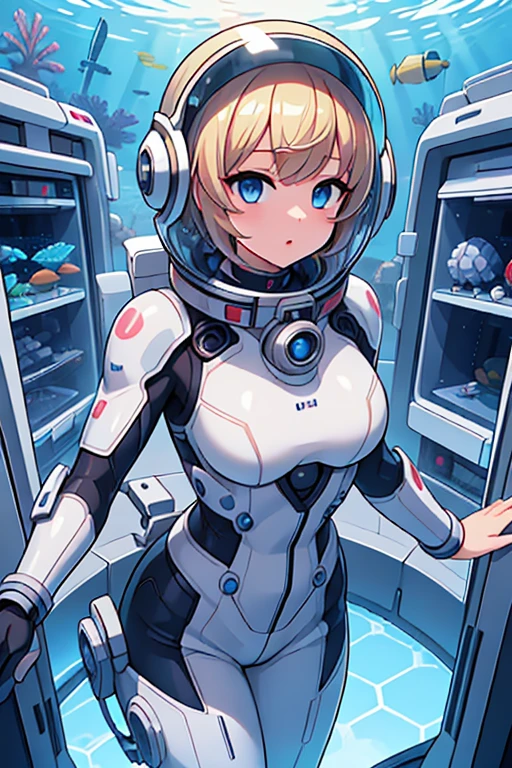 1girl, blonde_hair, solo,(space helmet):6, blue_eyes, looking_at_viewer, futuristic_diving_suit, realistic, breasts, short_hair, lips, medium_breasts, cyborg_enhancements, high_tech_armor, underwater, coral_reef, tropical_fish, sunlight_rays, futuristic_breathing_apparatus