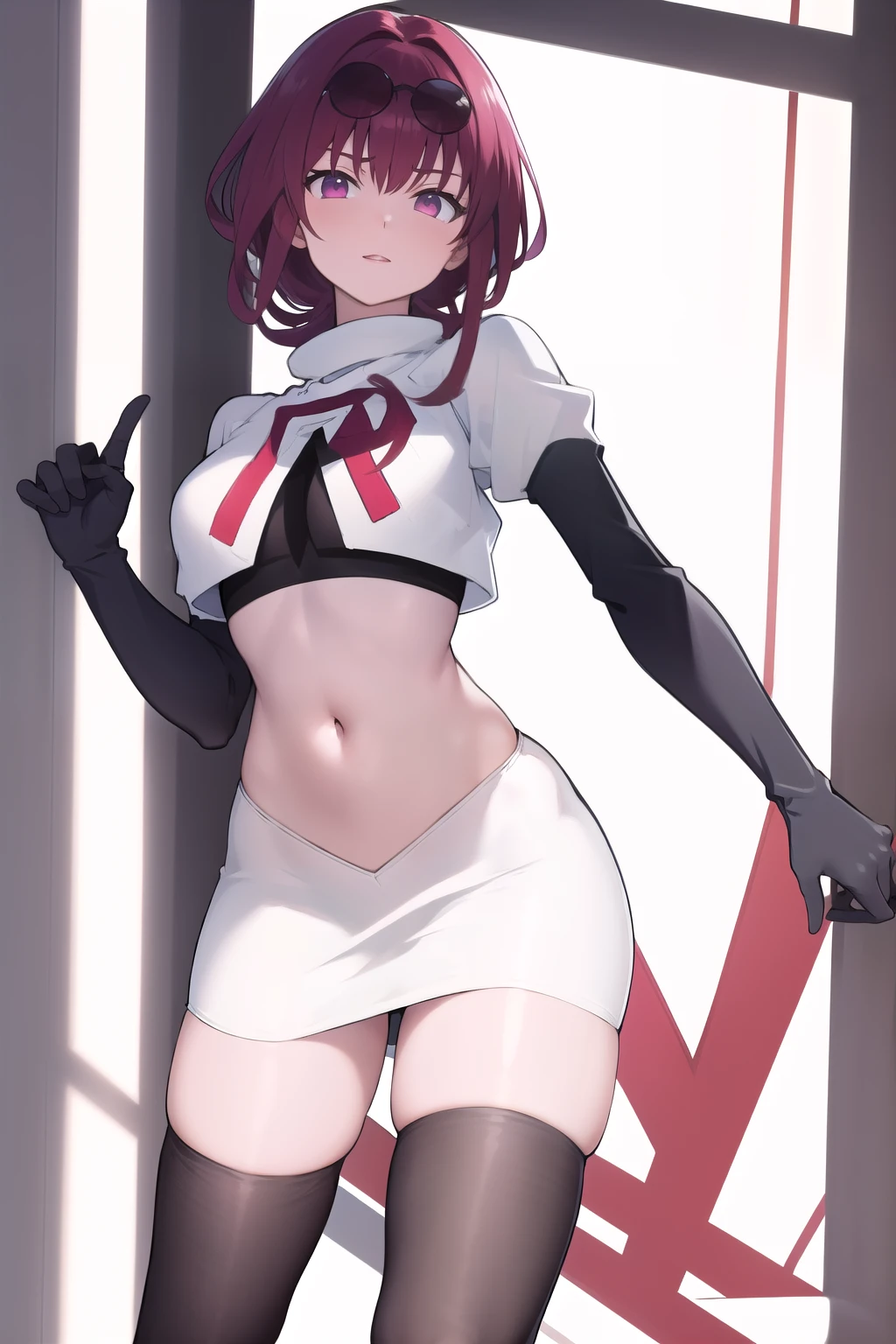 masterpiece, best quality, highres, aakafka, sunglasses, eyewear on head, team rocket,team rocket uniform,white skirt,red letter R,crop top,black thigh-highs,black elbow gloves