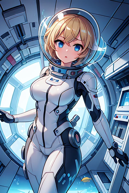 1girl, blonde_hair, solo,(space helmet):6, blue_eyes, looking_at_viewer, futuristic_diving_suit, realistic, breasts, short_hair, lips, medium_breasts, cyborg_enhancements, high_tech_armor, underwater, coral_reef, tropical_fish, sunlight_rays, futuristic_breathing_apparatus