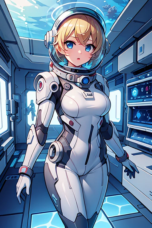 1girl, blonde_hair, solo,(space helmet):6, blue_eyes, looking_at_viewer, futuristic_diving_suit, realistic, breasts, short_hair, lips, medium_breasts, cyborg_enhancements, high_tech_armor, underwater, coral_reef, tropical_fish, sunlight_rays, futuristic_breathing_apparatus