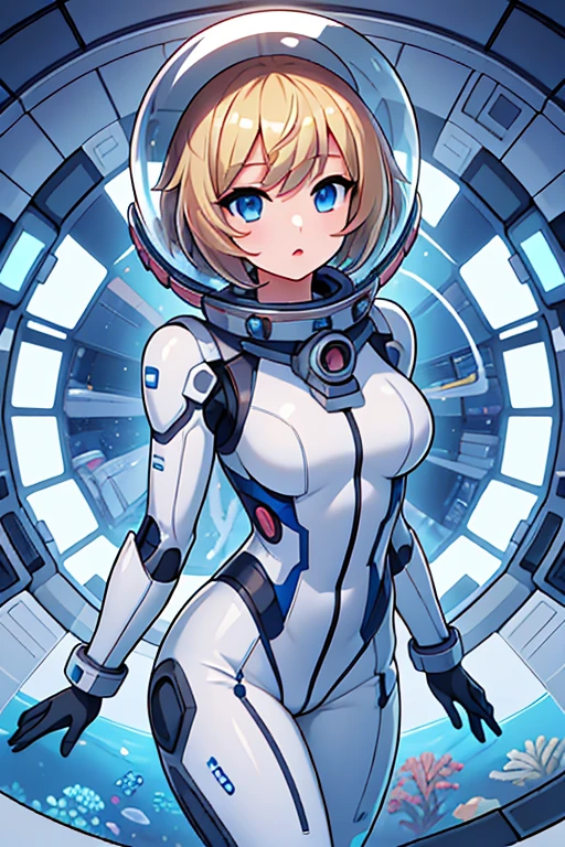 1girl, blonde_hair, solo,(space helmet):6, blue_eyes, looking_at_viewer, futuristic_diving_suit, realistic, breasts, short_hair, lips, medium_breasts, cyborg_enhancements, high_tech_armor, underwater, coral_reef, tropical_fish, sunlight_rays, futuristic_breathing_apparatus