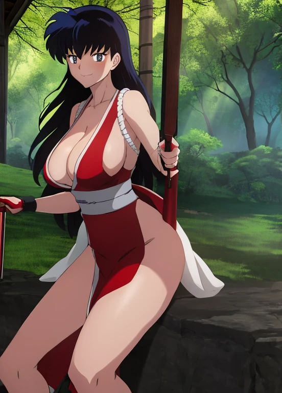 masterpiece, best quality, Kagome Higurashi, 25 years old, large breasts, cleavage, very busty, big hips, She stands tall while wearing a red Kunoichi dress, pelvic curtain, arm guards and gloves. she's looking directly at the camera with an confident smirk. Her gaze is both alluring and fierce, as she holds a red fan with a tight grip. cowboy shot, BREAK Outdoors, the view of the green forest, Japanese archutexture in the surroundings. Perfect Anatomy,(Professional Lighting), sharp focus, even lighting, insane details, intricate details, hyperdetailed, rich colors
