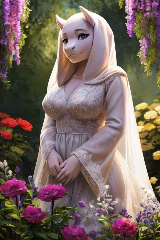 A girl toriel with (intersex:2) traits, full body portrait, wide angle, vibrant garden background, ethereal lighting, oil painting style, detailed eyes and lips, flowing hair, delicate flowers, soft color tones, high-resolution masterpiece:1.2, realistic texture and rendering, bokeh effect.