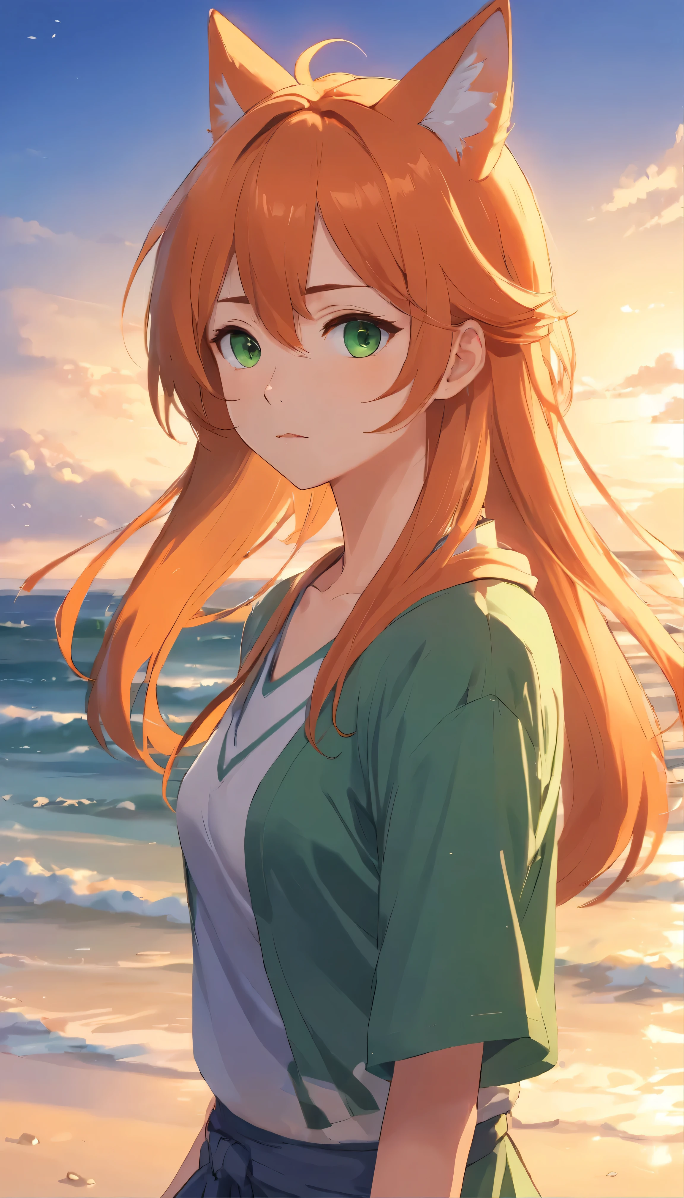 anime girl with long orange hair standing on beach near ocean, green eyes detailed digital anime art, fox ears, fox tail, anime girl with long hair, smooth anime cg art, anime girl with long hair, digital anime art, artwork in the style of guweiz, beautiful anime portrait, photorealistic anime girl render, beautiful anime girl, advanced digital anime art, guweiz on artstation pixiv upscale HD UHD HQ
