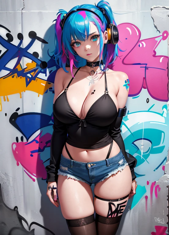 masterpiece, best quality, 1girl, solo, denim shorts, choker, (graffiti:1.5), paint splatter, arms behind back, against wall, looking at viewer, armband, thigh strap, paint on body, head tilt, bored, multicolored hair, aqua eyes, headset, huge breasts, neckline, large breasts, stockings, stockings в сетку, рваные stockings, 8K, Sharp image, high quality, detailing, 