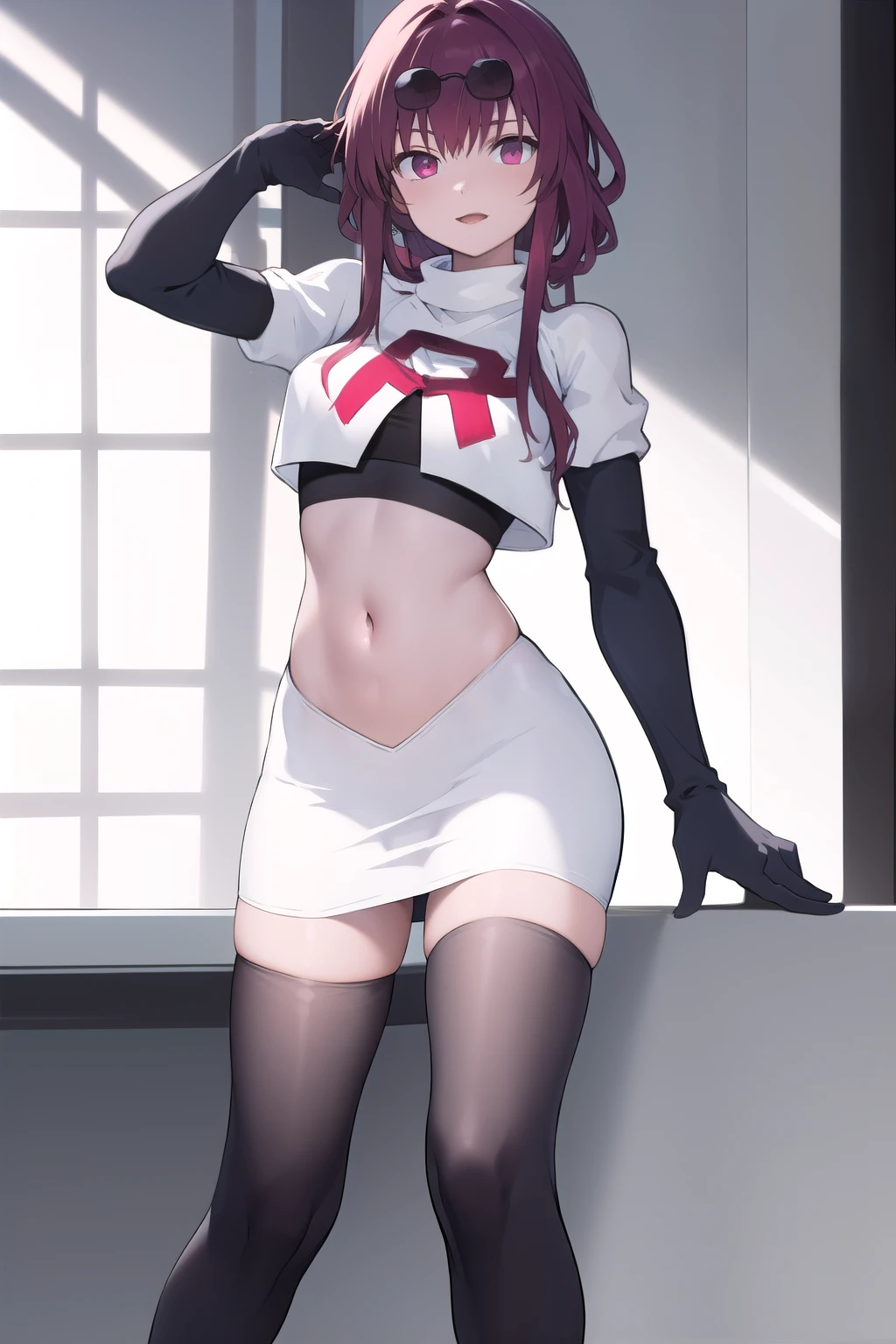 masterpiece, best quality, highres, aakafka, sunglasses, eyewear on head, team rocket,team rocket uniform,white skirt,red letter R,crop top,black thigh-highs,black elbow gloves