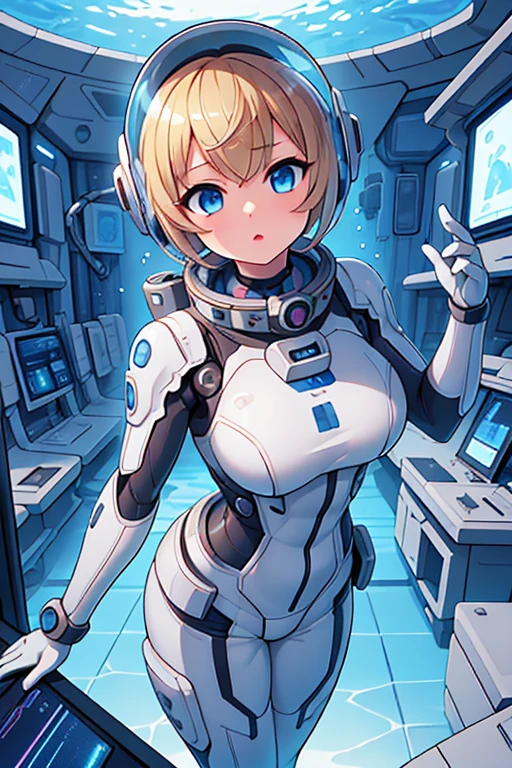 1girl, blonde_hair, solo,(space helmet):6, blue_eyes, looking_at_viewer, futuristic_diving_suit, realistic, breasts, short_hair, lips, medium_breasts, cyborg_enhancements, high_tech_armor, underwater, coral_reef, tropical_fish, sunlight_rays, futuristic_breathing_apparatus
