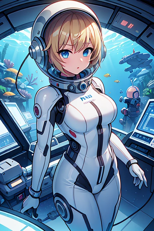 1girl, blonde_hair, solo,(space helmet):6, blue_eyes, looking_at_viewer, futuristic_diving_suit, realistic, breasts, short_hair, lips, medium_breasts, cyborg_enhancements, high_tech_armor, underwater, coral_reef, tropical_fish, sunlight_rays, futuristic_breathing_apparatus