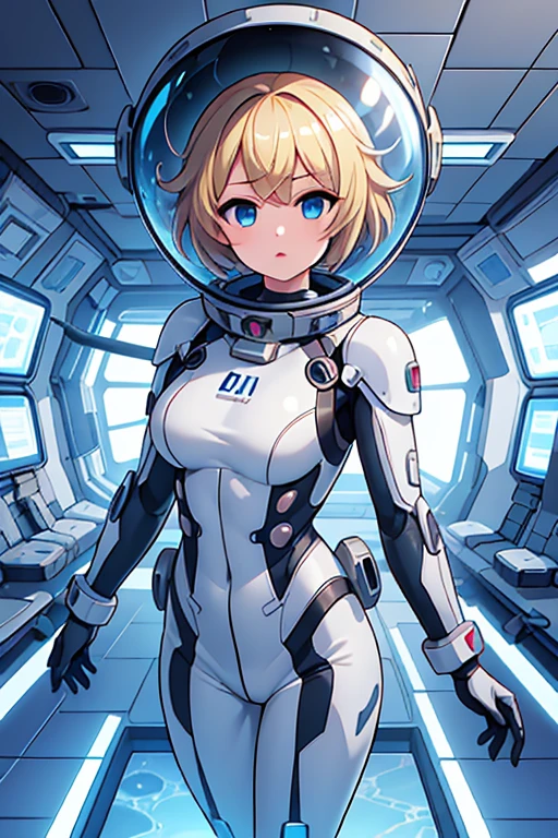 1girl, blonde_hair, solo,(space helmet):6, blue_eyes, looking_at_viewer, futuristic_diving_suit, realistic, breasts, short_hair, lips, medium_breasts, cyborg_enhancements, high_tech_armor, underwater, coral_reef, tropical_fish, sunlight_rays, futuristic_breathing_apparatus