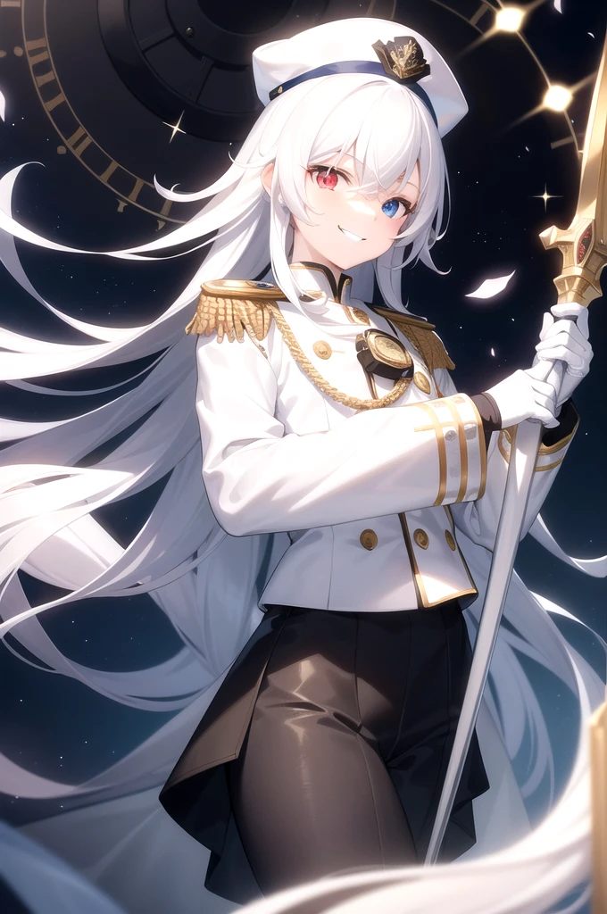 (masterpiece, best quality, high quality), 1boy, male focus, red eyes, heterochromia, blue eyes, hair over one eye, middle school student, spirit form, solo, glowing eyes, holding sword, rapier, middle school student, white hair, (hairstyle: straight), middle hair, white uniform, epaulettes, ruffles, white gloves, navy hat, white hat, long sleeves, sly smile, smirking, sadistic face, white trousers, upper body, standing in front of a clock, huge clock face, luminous white astronomical clock, luminous astronomical clock, clock hands, looking at viewer, dark theme