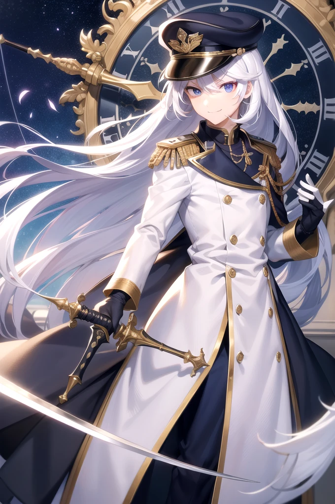 (masterpiece, best quality, high quality), 1boy, male focus, red eyes, heterochromia, blue eyes, hair over one eye, middle school student, spirit form, solo, glowing eyes, holding sword, rapier, middle school student, white hair, (hairstyle: straight), middle hair, white uniform, epaulettes, ruffles, white gloves, navy hat, white hat, long sleeves, sly smile, smirking, sadistic face, white trousers, upper body, standing in front of a clock, huge clock face, luminous white astronomical clock, luminous astronomical clock, clock hands, looking at viewer, dark theme