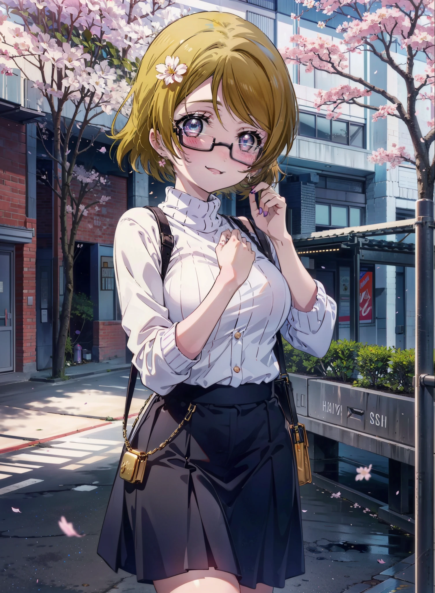 Hanayo Koizumi, hanayo　koizumi, Short Hair, Brown Hair, Purple eyes,Big Breasts,Black-rimmed glasses,sweater,Long skirt,Mini Boots,Cherry blossoms are blooming,Cherry blossoms are scattered,Cherry blossom tree-lined path,happy smile, smile, Open your mouth,So that the whole body goes into the illustration,smile,blush,
break looking at viewer, (Cowboy Shot:1. 5)
break outdoors, School　School building, 
break (masterpiece:1.2), highest quality, High resolution, unity 8k wallpaper, (figure:0.8), (Detailed and beautiful eyes:1.6), Highly detailed face, Perfect lighting, Extremely detailed CG, (Perfect hands, Perfect Anatomy),