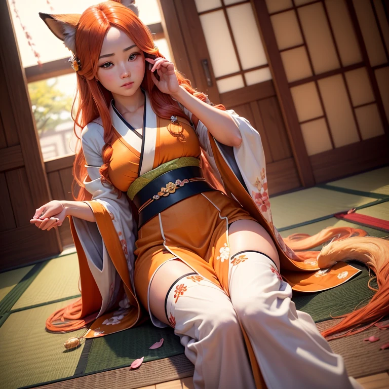 (best quality,4k,8k,highres,masterpiece:1.2),ultra-detailed,(realistic,photorealistic,photo-realistic:1.37),HDR,UHD,studio lighting,ultra-fine painting,sharp focus,physically-based rendering,extreme detail description,professional,vivid colors,bokeh,A girl with a fluffy fox tail, fox ears, blue eyes, orange long wavy hair, full body, traditional Japanese clothes, traditional Japanese home, Sakura petals falling, sunshine.