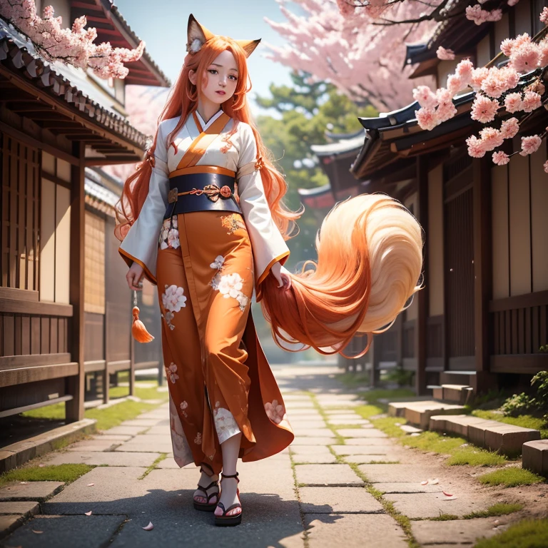(best quality,4k,8k,highres,masterpiece:1.2),ultra-detailed,(realistic,photorealistic,photo-realistic:1.37),HDR,UHD,studio lighting,ultra-fine painting,sharp focus,physically-based rendering,extreme detail description,professional,vivid colors,bokeh,A girl with a fluffy fox tail, fox ears, blue eyes, orange long wavy hair, full body, traditional Japanese clothes, traditional Japanese home, Sakura petals falling, sunshine.