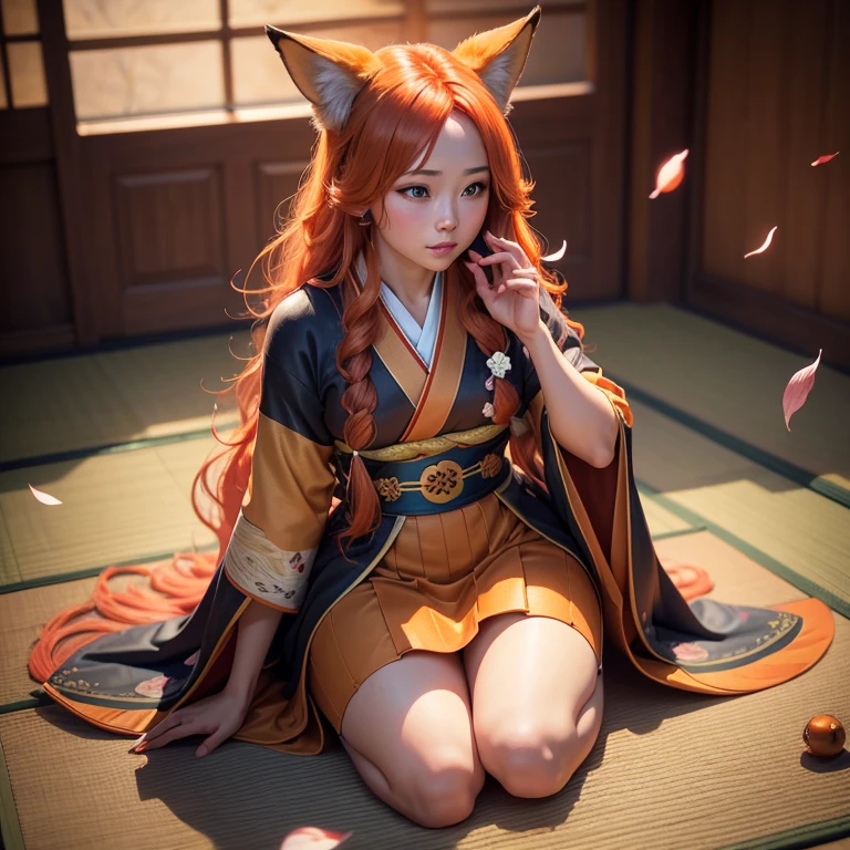 (best quality,4k,8k,highres,masterpiece:1.2),ultra-detailed,(realistic,photorealistic,photo-realistic:1.37),HDR,UHD,studio lighting,ultra-fine painting,sharp focus,physically-based rendering,extreme detail description,professional,vivid colors,bokeh,A girl with a fluffy fox tail, fox ears, blue eyes, orange long wavy hair, full body, traditional Japanese clothes, traditional Japanese home, Sakura petals falling, sunshine.
